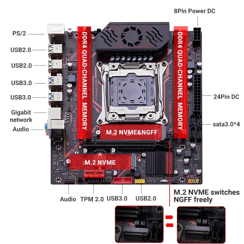 QIYIDA X99 H9S Motherboard Set Kit With LGA2011-3 Xeon E5 2630 V4 CPU DDR4 16GB REG ECC memory NVME M.2 TPM 2.0 Interface SATA3