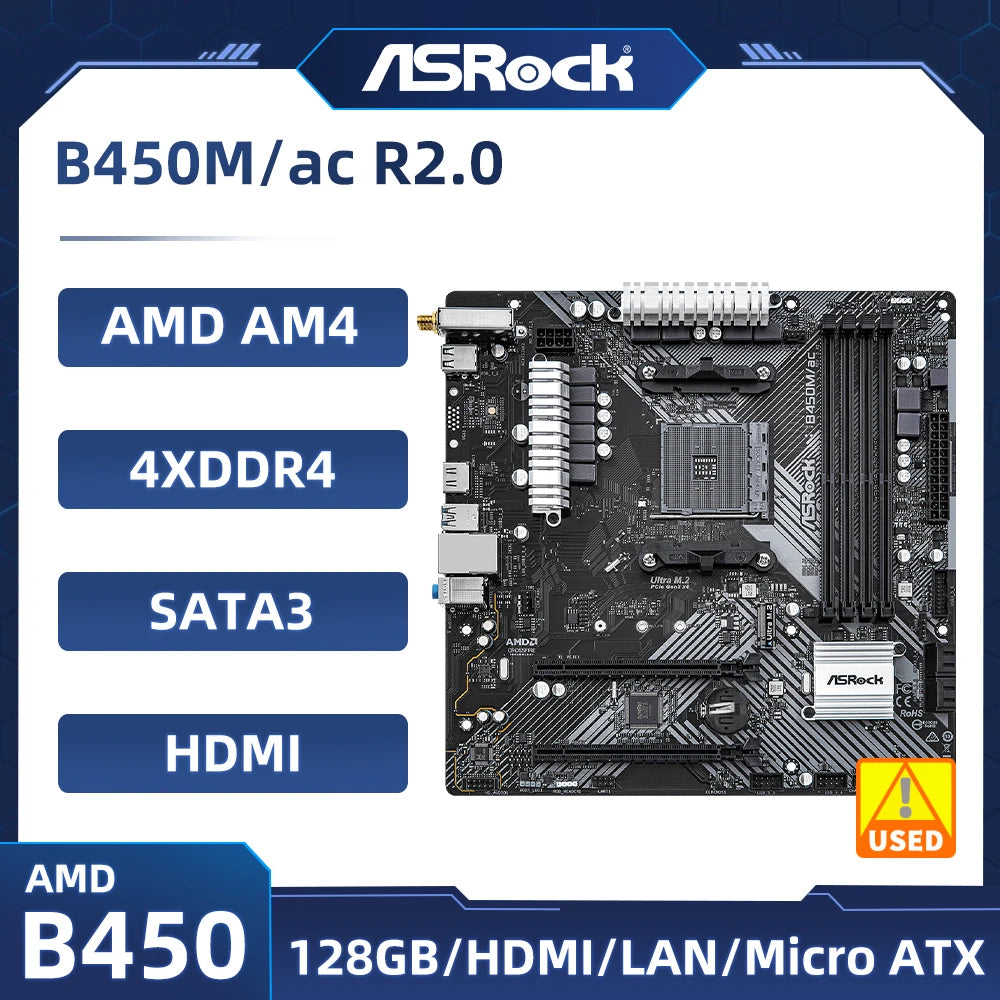 B450 B450M Motherboard ASRock B450M/ac R2.0 Motherboard Socket AM4 support Ryzen 5 5600 4300G 1600 DDR4 PCI-E 3.0 Micro ATX