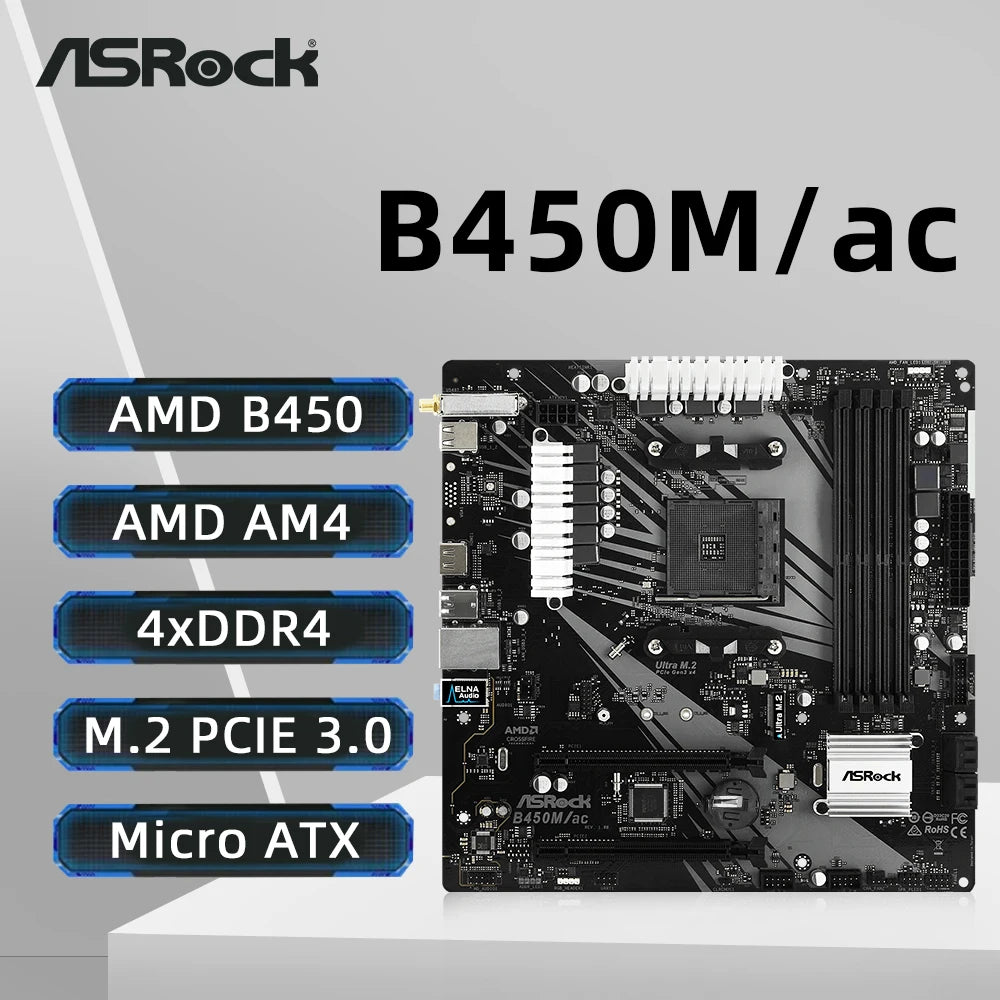 ASRock B450M Motherboard B450M/ac Dual-channel DDR4 Memory AM4 Motherboard M.2 NVME (supports Ryzen 5 5600 5600G R7 5700X3D CPU)