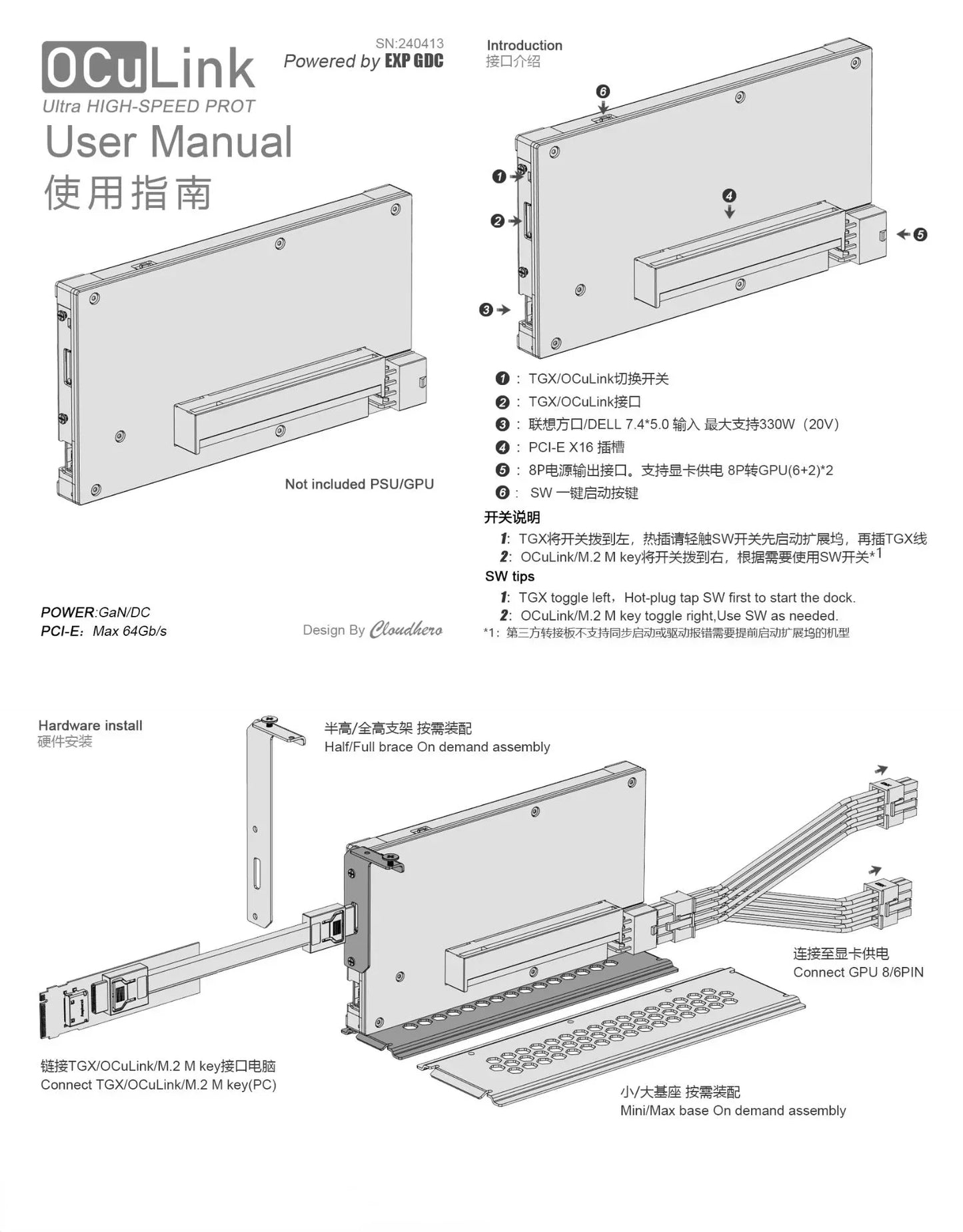 OCuP4GaN OCuLink GPU Dock Case w ReDriver Chip PCIE 4.0 x4 NVME M.2 / OCulink eGPU Adapter Laptop Mini PC External Graphics Card