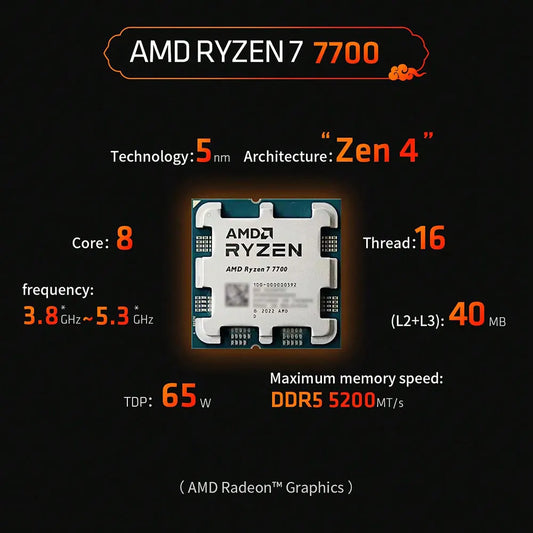 AMD R 7 7700 Gaming CPU L2+L3 Cache 40MB Zen 4 8core 16 thread AM5 65W TSMC 5nm FinFET PCIe 5.0 AMD Radeon™Graphics