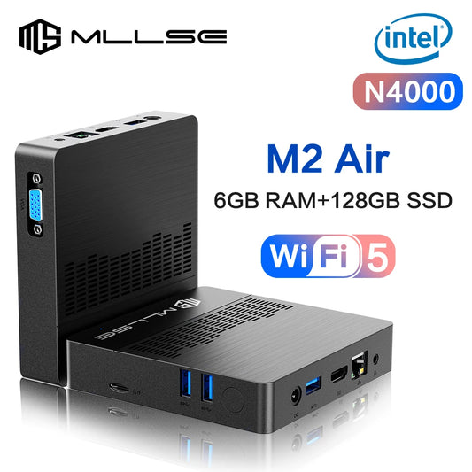 MLLSE Mini PC M2 Air Intel Gemini Lake N4000 Windows 11 6GB RAM 128GB ROM Dual-Band WiFi Bluetooth USB Mini Computer