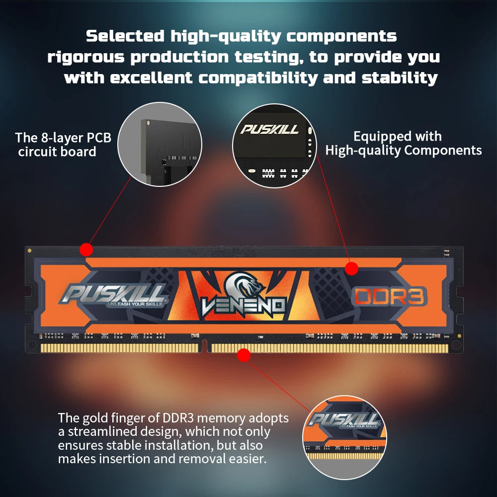 PUSKILL Memoria  DDR3 8GB 4GB 2GB 1333 1600MHz Desktop Memory 240pin 1.5V for PC RAM