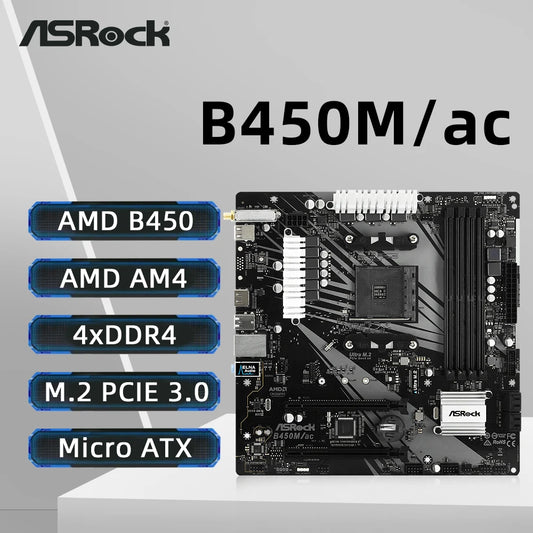 ASRock B450M Motherboard B450M/ac Dual-channel DDR4 Memory AM4 Motherboard M.2 NVME (supports Ryzen 5 5600 5600G R7 5700X3D CPU)